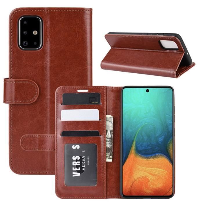 Étui Samsung Galaxy A51, Brun Integral Protection Silicone Doux Cuir Housse Portefeuille Porte-Cartes avec Support
