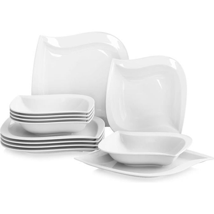 Malacasa Série ELVIRA 12pcs Service de Table Porcelaine 6 Assiette Creuse à Soupe 6 Assiettes Plates Plat Céramique