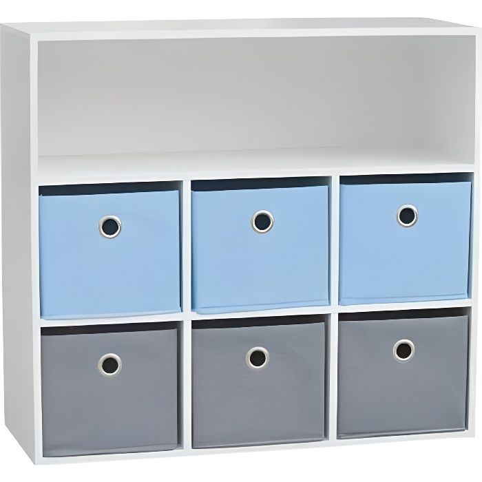 Meuble 6 paniers 1 Niche Garçon TNT / MDF Bleu Gris - Meuble Etagère pour Chamb L,70 x l, 29,5 x H,76 cm