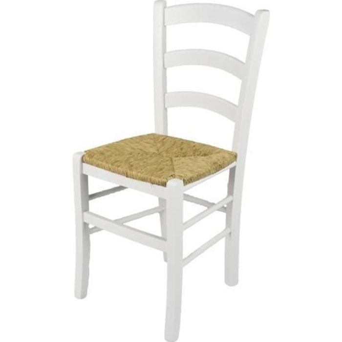 Tommychairs - Chaise cuisine VENEZIA, robuste structure en bois de hêtre laqué en couleur blanc et assise en paille