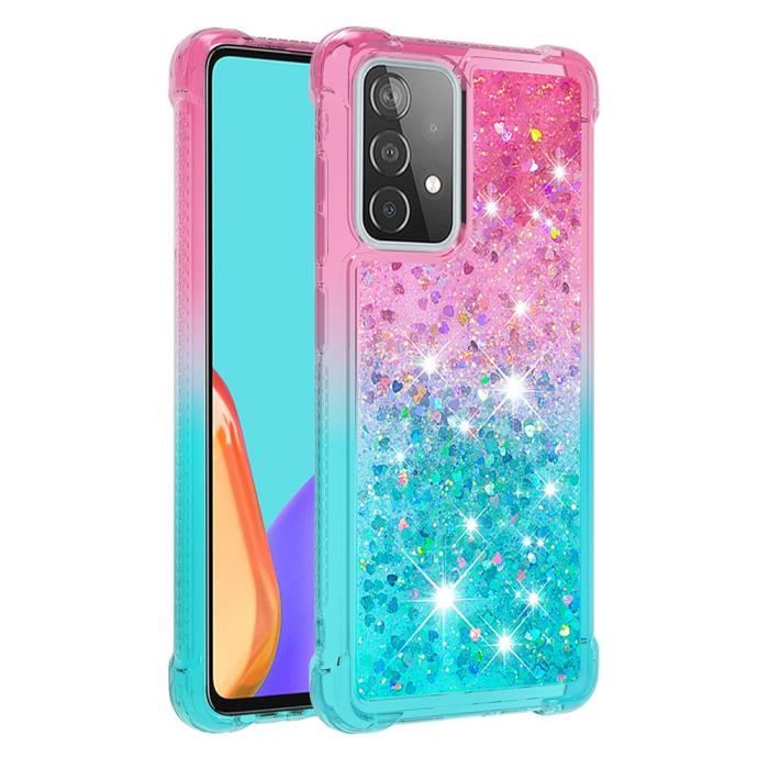 Coque Samsung Galaxy A52 (5G), Transparente Silicone Liquide Paillette Gradient Couleur Ultra-fin Antichoc, Rose Bleu