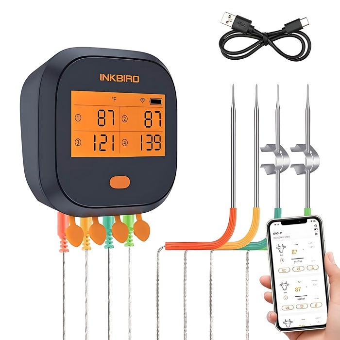 Thermomètre Cuisson WiFi Four Barbecue avec 4 Sonde Temperature Cuisine, Exterieur Interieur Magnétique Rechargeable Inkbird IBBQ-4T