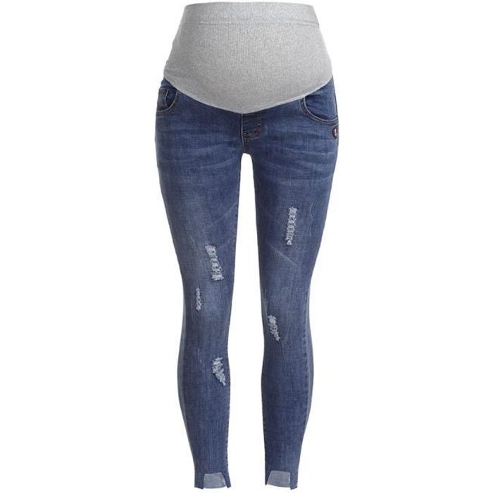 Femme enceinte Ripped Jeans Pantalons de maternité Pantalons soins infirmiers Prop ventre Legging Bleu clair