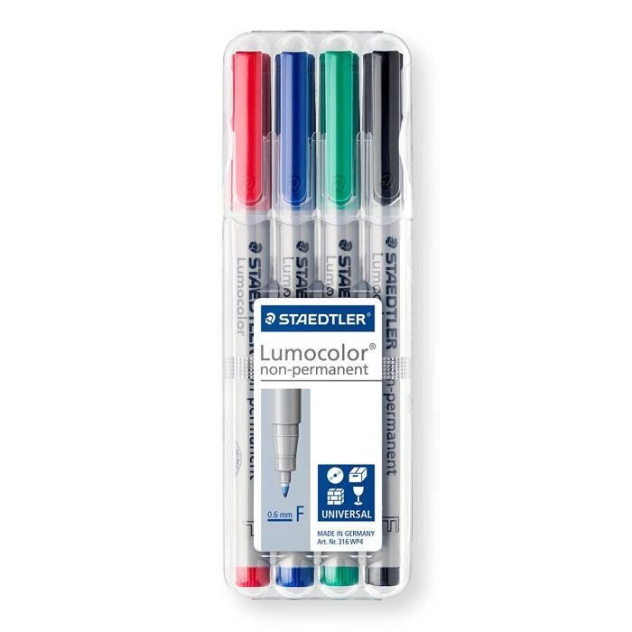 Staedtler feutres universels Lumocolor, non-permanents, point fine 0,6 mm, 4 couleurs assorties en étui chevalet Staedtler, 316