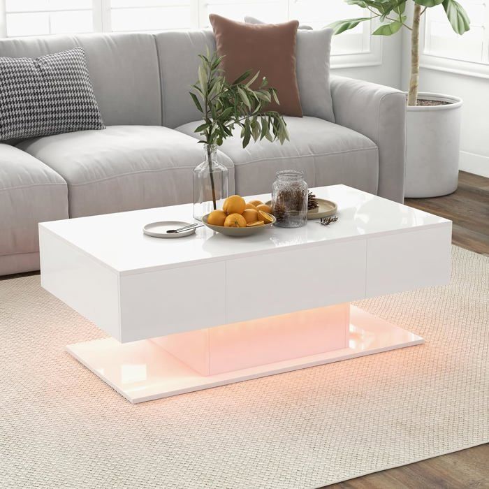 GOPLUS Table Basse LED avec Télécommande 110x60x40cm-2 Niveaux avec 2 Tiroirs-20 Couleurs de LED Charge 100KG Blanc