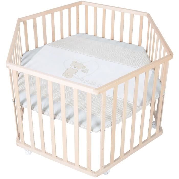 Parc+bebe+hegaxonal+-+ROBA+-+LIEBHABEAR+-+Reglable+en+hauteur+-+Fond+Dehoussable+-+6+Roues+freinees+-+Bois+Naturel+-+Motif+Ourson