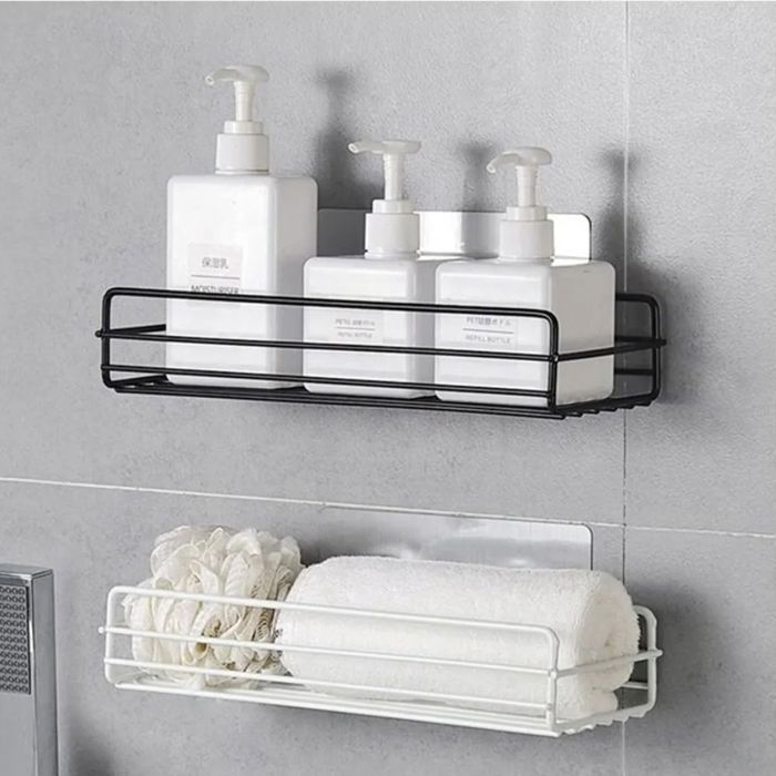 2pcs Étagères murales en fer durable sans perceuse rangement pour shampoing étagère de douche dangle noir/blanc