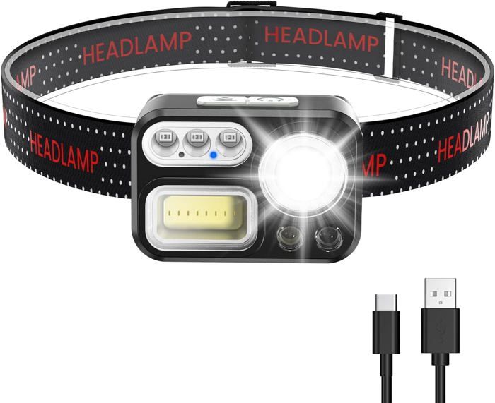 Lampe Frontale Rechargeable Puissante 8 Modes Torche Frontale LED 2200lux Lumière Blanche et Lumière durgence 45° Réglable
