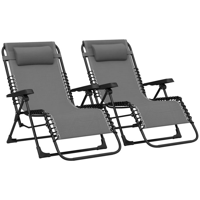 Bain de soleil - Outsunny - lot de 2 - pliante et inclinable - avec appuie-tête - en textilène - 90 x 65 x 112 cm - gris