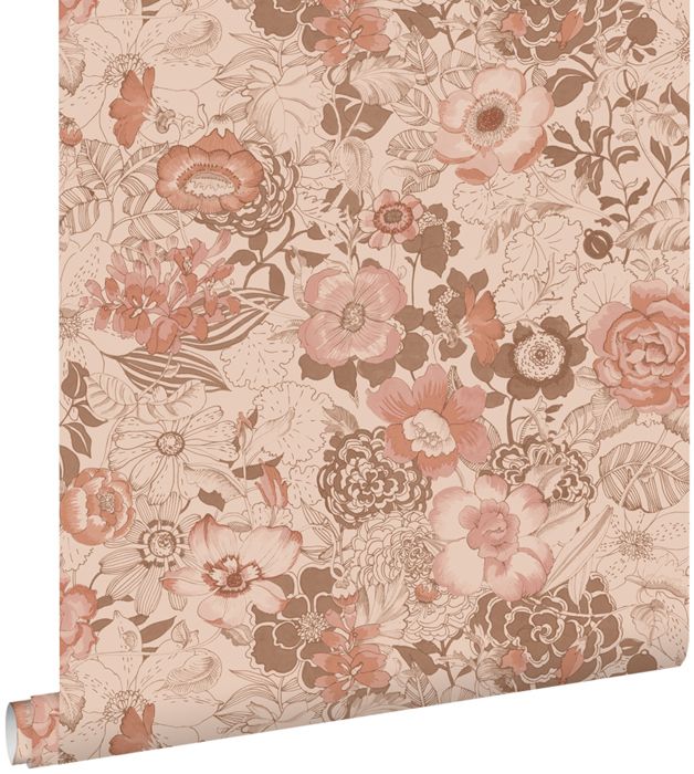 ESTAhome - papier peint - fleurs vintage - rose terracotta - 0.53 x 10.05 m