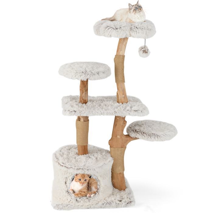 Comparer les prix de COSTWAY Arbre à Chat Moderne 135 cm en Bois Naturel, Tour pour Chat avec Poteaux à Gratter en Jute, Perchoir en Peluche, Condo