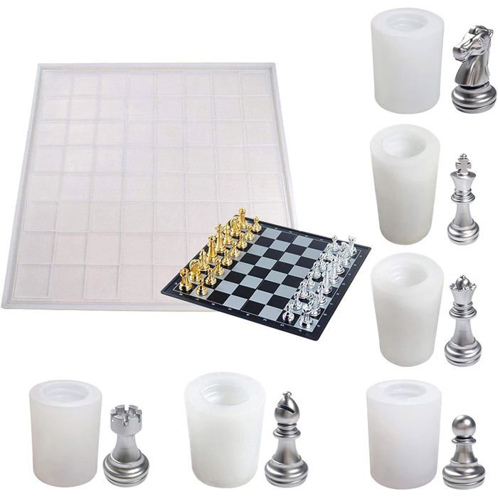 Echiquier Echecs SENHAI Ensemble De Moules En Résine En Forme D'échiquier En Silicone, 1 Plateau De Jeu En Forme De Damier Et 16 Pièces D'échecs 3D Pour La Fabrication De Bijoux, Les
