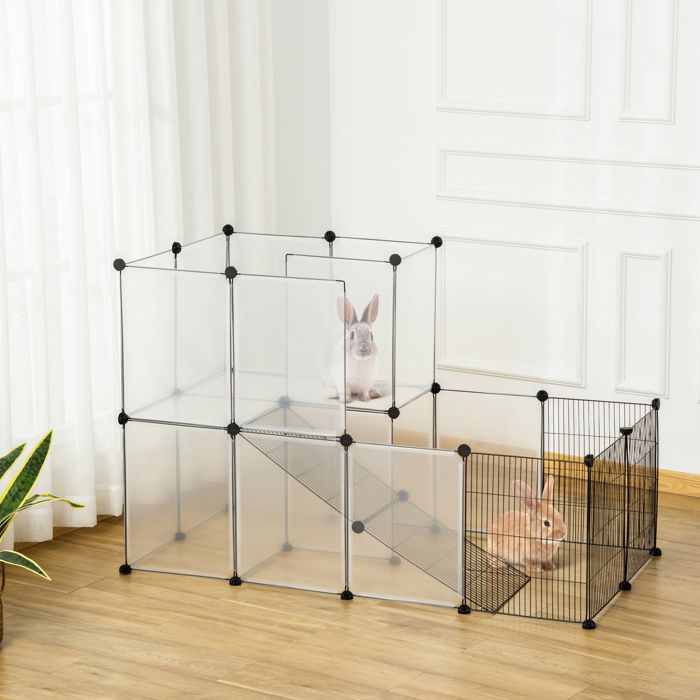 Enclos lapin interieur 2 niveaux parc modulable pour petits animaux 27pcs 140 x 70 x 90 cm noir