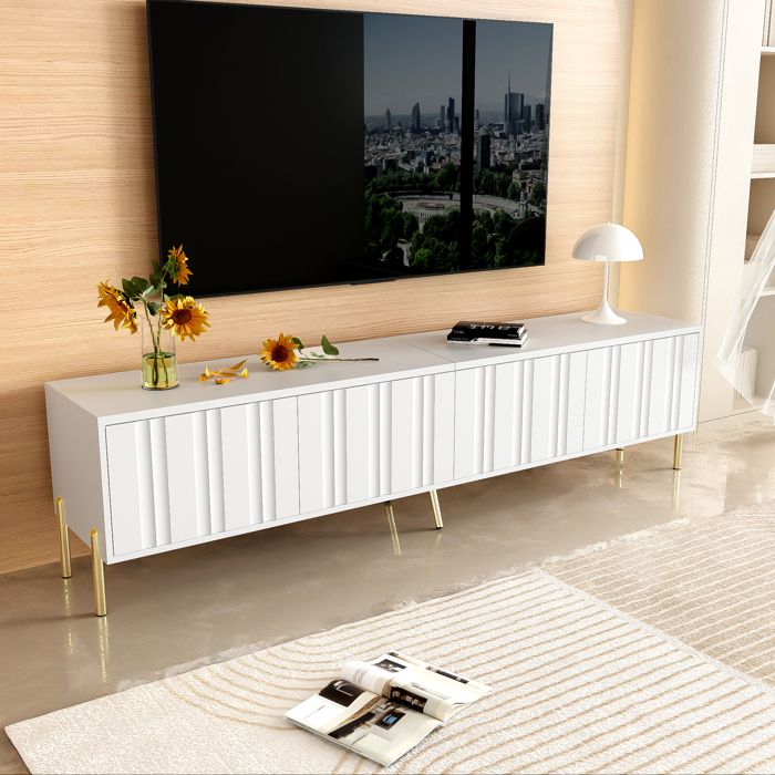 Meuble TV minimaliste blanc meuble bas adapté aux salons quatre portes avec huit compartiments pieds dorés longueur 190 cm