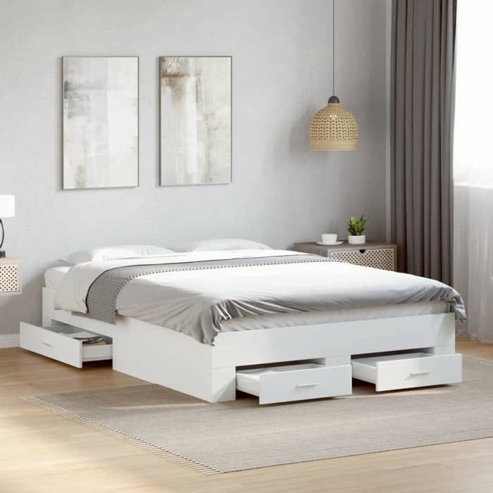 Cadre de lit avec tiroirs - Happiness - Blanc - 120x190 cm - Bois dingénierie - Tiroirs de rangement - 193x123x32 cm