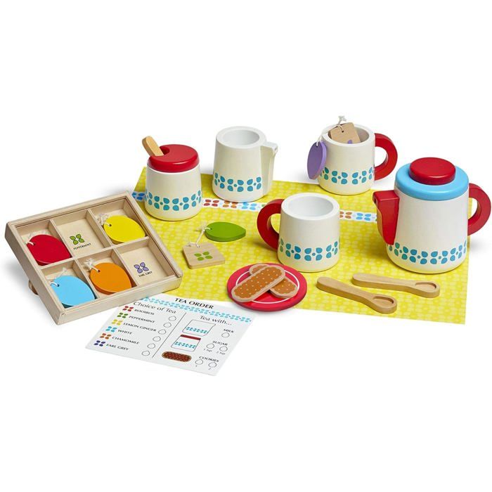 Set De 14 Pièces Service à Thé En Bois Pour Enfants – Goûter Jeu De Rôle, Accessoires Cuisine Miniature – Cadeau Anniversaire Ou Fête – Dès 3 Ans