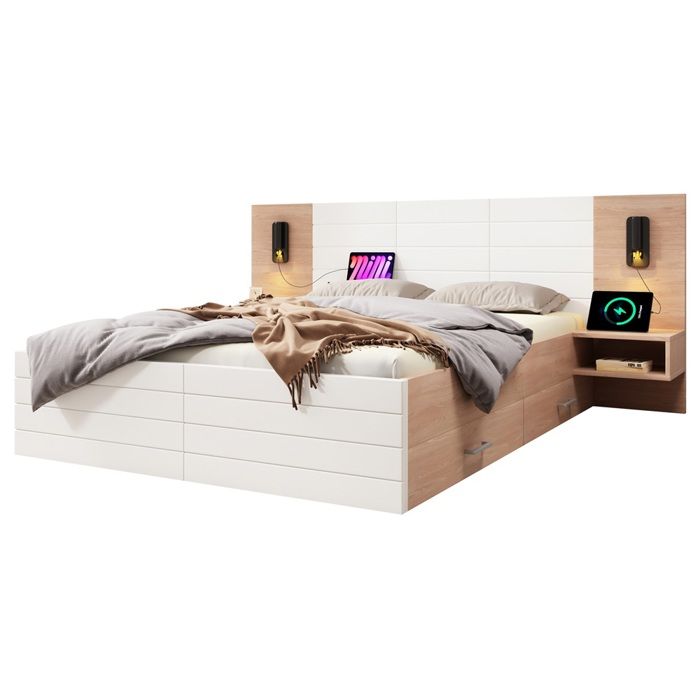 Lit Double Bois 160x200cm Blanc et Chêne - Rangement Lampe Lecture et Charge USB Tête de Lit - sans Matelas