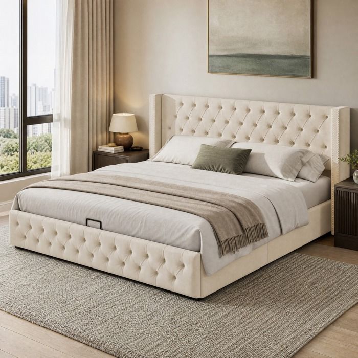 Lit coffre 140 x 200 cm EVRYAE en velours beige avec sommier a lattes inclus style Chesterfield capitonne