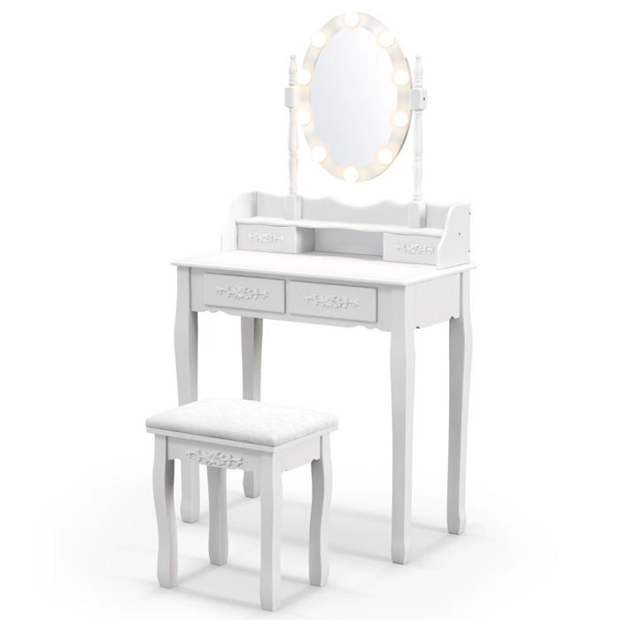 Coiffeuse - HELLOSHOP26 - 75×40×145 cm - miroir ovale LED réglable - 4 tiroirs - tabouret capitonné Coiffeuse - HELLOSHOP26 - 75×40×145 cm - miroir ovale LED réglable - 4 tiroirs - tabouret capitonné