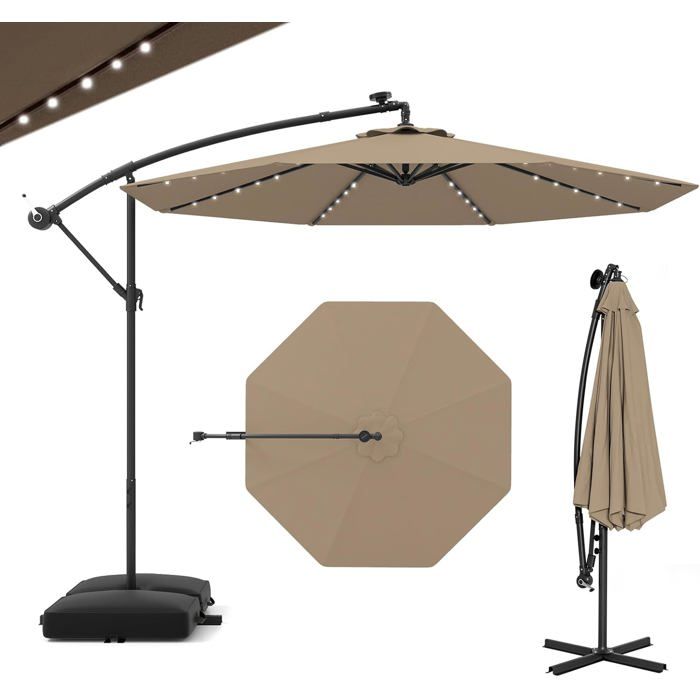 GIANTEX Parasol de Jardin Extérieur avec Pied - 3x3M - 40 Lampes Solaires - Inclinable - Manivelle - 8 Baleines - UPF50+ Chocolat
