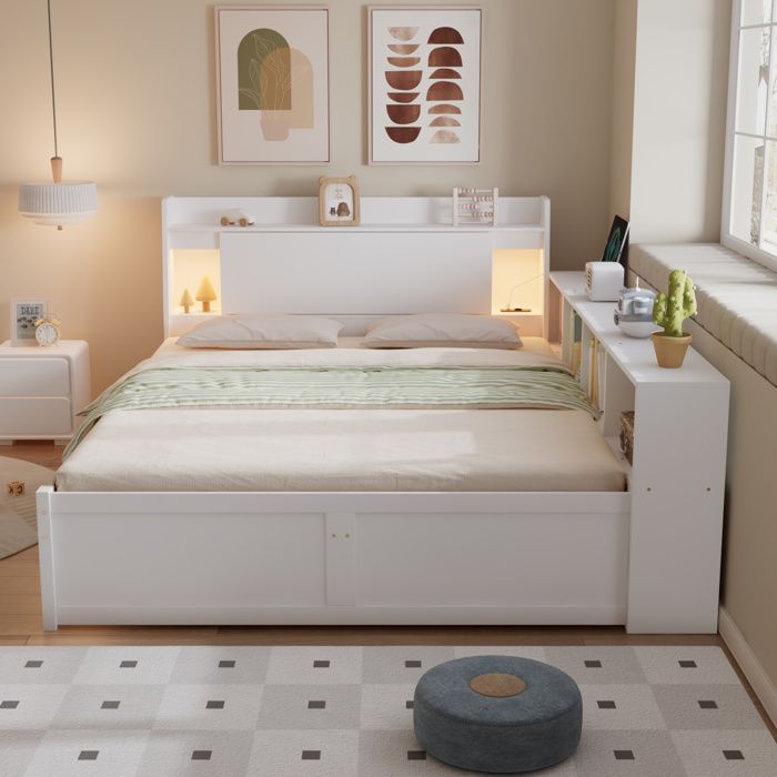 Lit double blanc 140×200 cm avec rangement éclairage et prise de charge structure solide montage nécessaire