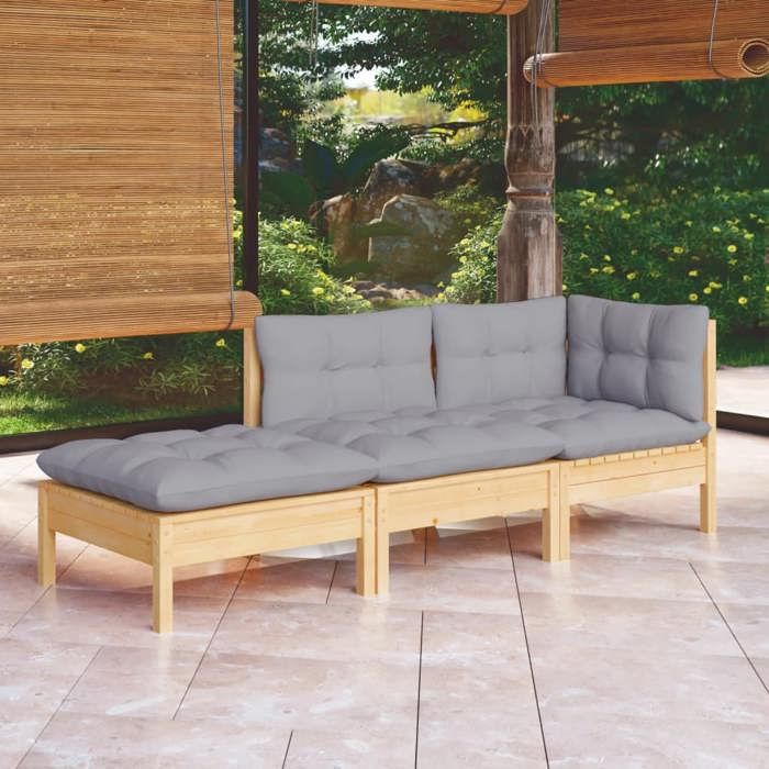 NEW 2026 Salon de jardin lot de 3 Meuble pour 2 personnes avec coussins gris Bois de pin massif 63.5x63.5x62.5 cm S1268