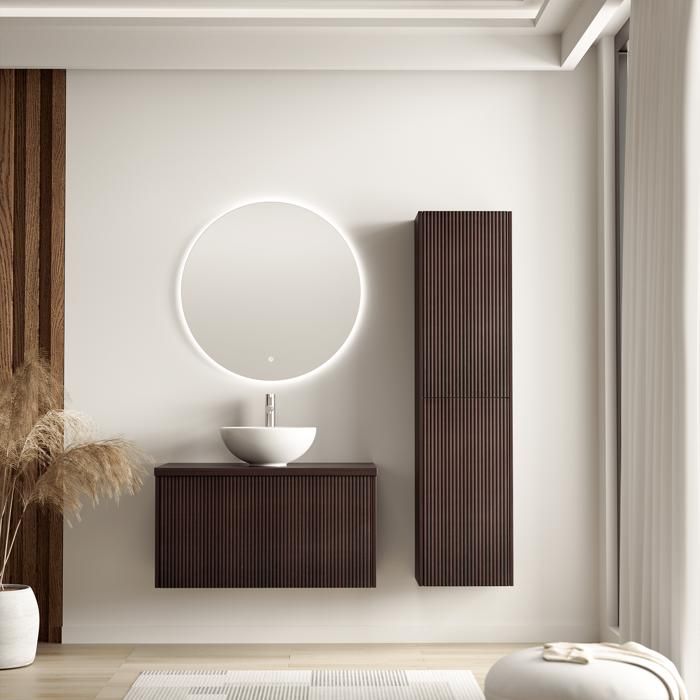 LOMAZOO Ensemble Meuble de Salle de Bain 80cm Noyer Cannelé - Vasque à Poser Blanche - Colonne de Rangement [TROPANI]