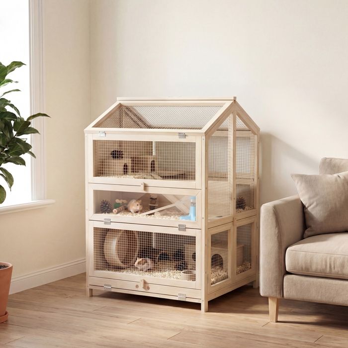 Cage Hamster 3 Étages en Bois avec Bac Amovible Couvercle Ouvrant Bascule Cabane Fenêtre 68x615x90cm Naturel