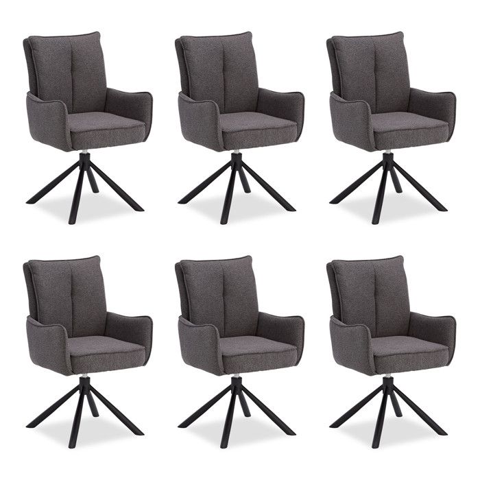 Lot de 6 chaises rembourrées en tissu anthracite – Chaises de salle à manger pivotantes avec accoudoirs et piètement en métal Lot de 6 chaises rembourrées en tissu anthracite – Chaises de salle à manger pivotantes avec accoudoirs et piètement en métal