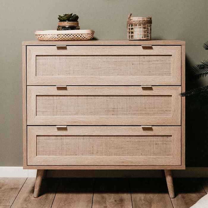 Buffet bas Beige - Finori Commode RANGEMENT - Bali 03A Chêne sonoma et impression de canne 80x40x80 cm A14520