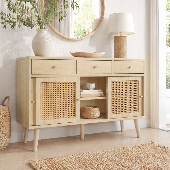 Buffet bas 3 tiroirs 3 portes en rotin - TCQPZ - avec étagères réglables en MDF chêne beige 120 × 40 × 78 cm