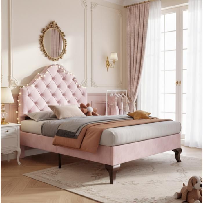 Lit simple rose 90×200 cm sommier inclus tête de lit réglable structure solide matelas non inclus