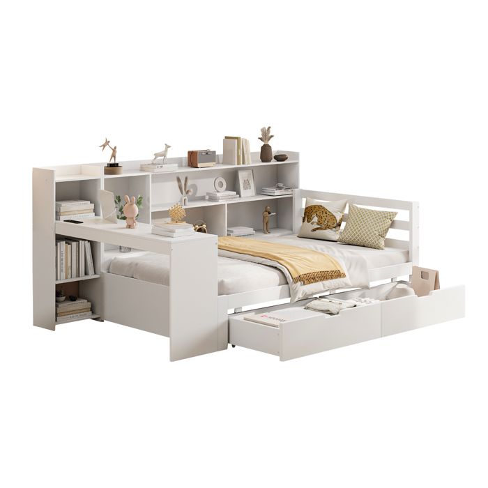 VLIVRA Lit Banquette Lit Simple Bureau Bibliothèque 2 Tiroirs Prise et USB 90×200 cm sans Matelas