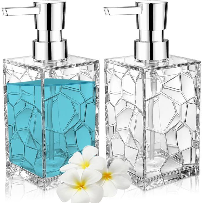 Lot 2 Distributeurs De Savon Transparent Avec Pompe Antirouille 320 ml Acrylique Pour Salle De Bain/Cuisine Rechargeable