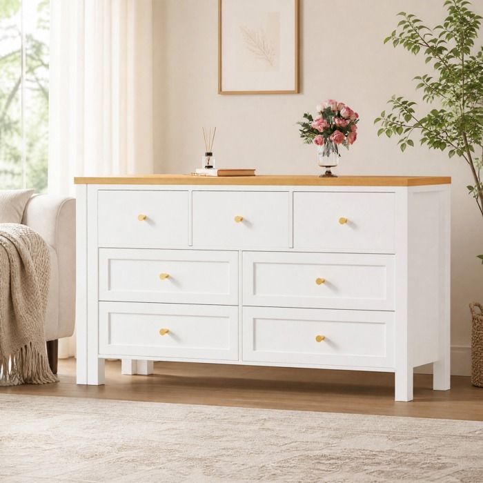 Bureau pivotant 360° 2-en-1 commode 7 tiroirs - TCQPZ - angle en panneaux de particules blanc chêne 120 × 40 × 70 cm