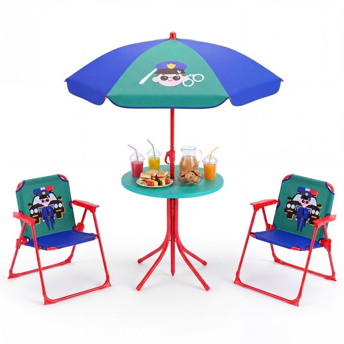 Salon de Jardin Enfant COSTWAY 4 Pièces Police-Table Ronde Pliante avec 2 Chaises et 1 Parasol Réglable en Hauteur-Bords Arrondis Salon de Jardin Enfant COSTWAY 4 Pièces Police-Table Ronde Pliante avec 2 Chaises et 1 Parasol Réglable en Hauteur-Bords Arrondis