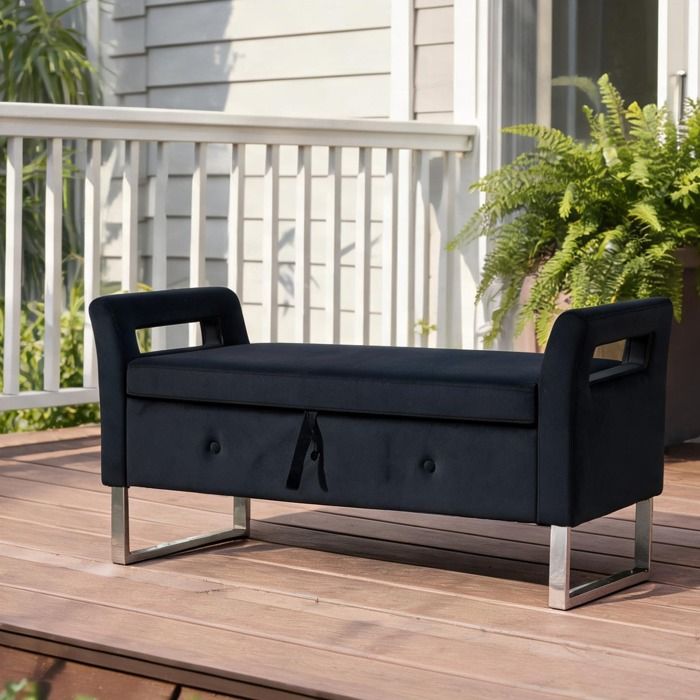 Banc de rangement en velours deep black avec accoudoirs pour salon entrée ou chambre