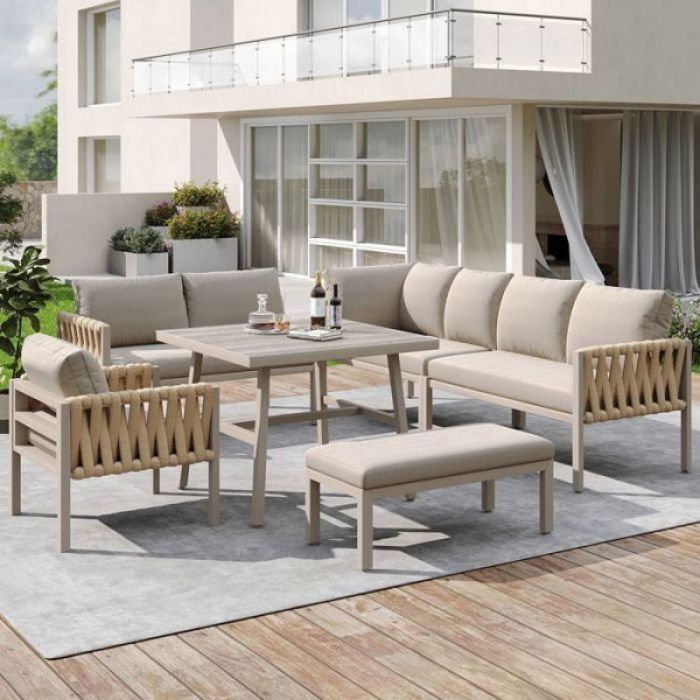 Salon dangle mobilier jardin 6 places fer galvanisé résistant intempéries corde tressée table verre trempé pieds réglables