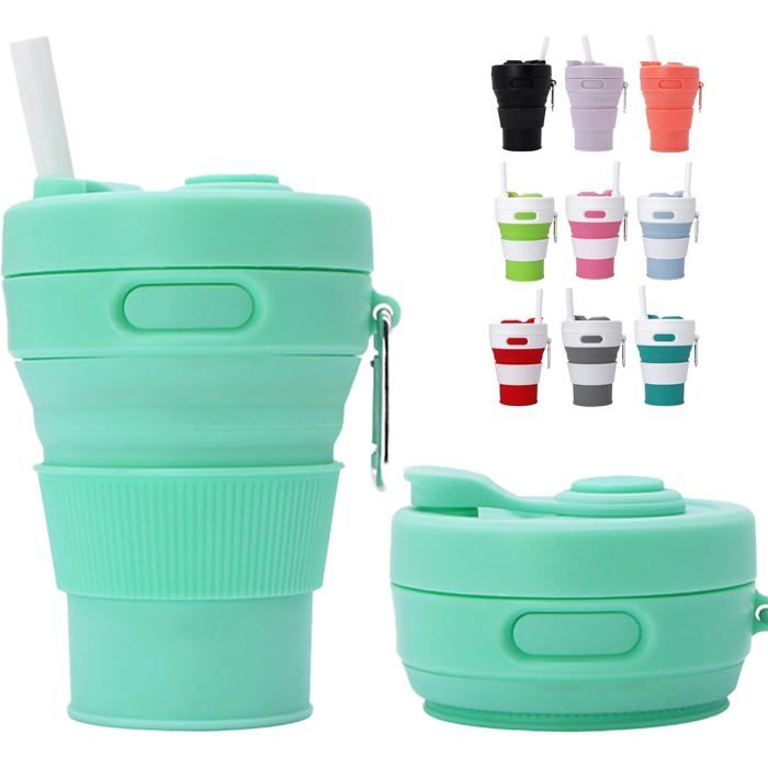 Gobelet Pliable Silicone 450mlCouvercle Étanche Poignée Anti-Brûlure&Mousqueton - Plie à 6cm (Vert)