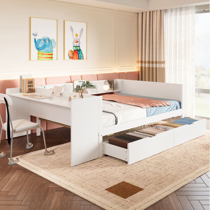 Lit combiné 140 x 200 cm avec bureau 2 tiroirs et 3 étagères pin et panneaux de particules blanc