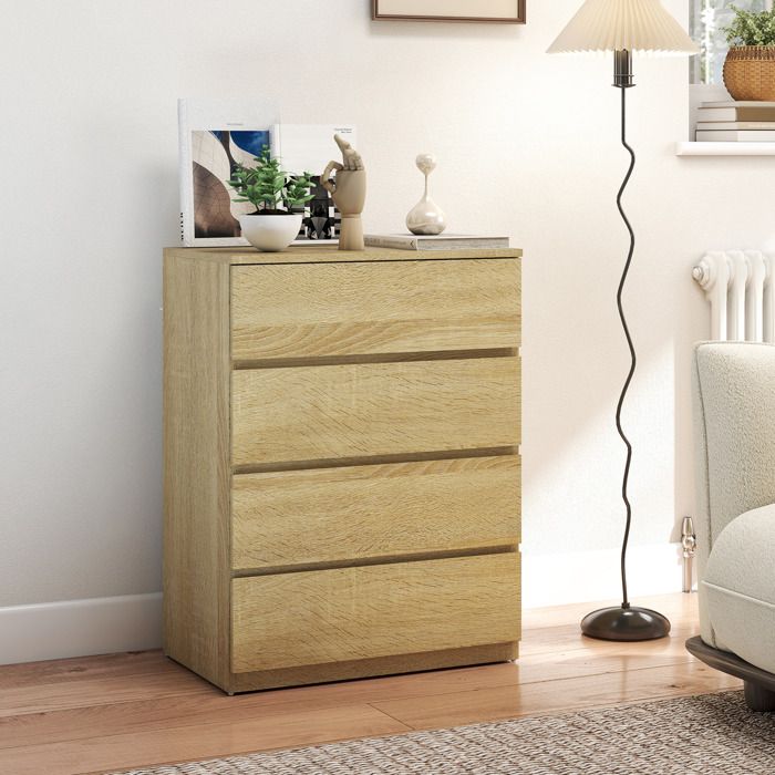 Commode 4 tiroirs en bois 60 x 40 x 80 cm couleur hêtre glissières métal et poignées rainurées
