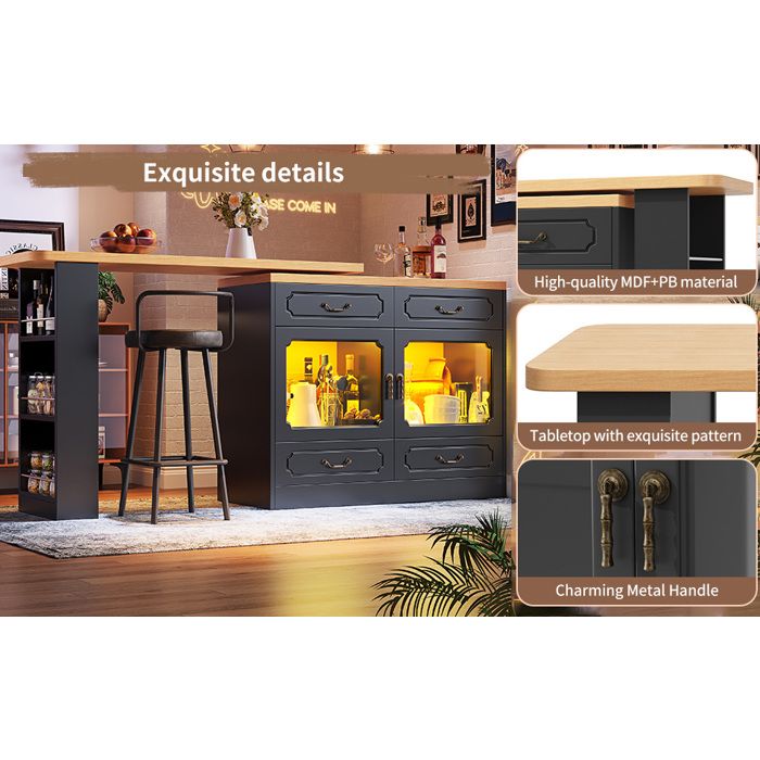 WOVREO îlot central extensible 135-203 x 39 x 92 8 cm bar rotatif 360° avec LED rangement noir et naturel
