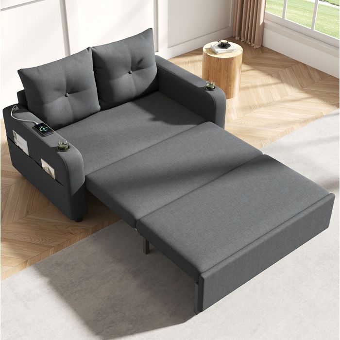 WOVREO Canapé convertible 3 en 1 2 places 131 x 81 x 94 cm avec USB Type-C porte-gobelets et poches latérales gris