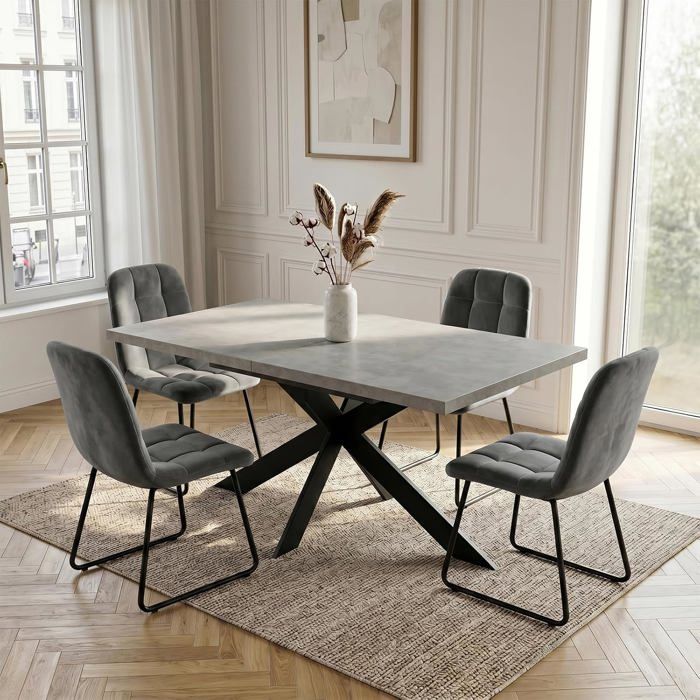 JIEXI Table de salle à manger extensible et 4 chaises 130 à 170 cm table de cuisine en MDF de grise avec chaises en velours gris