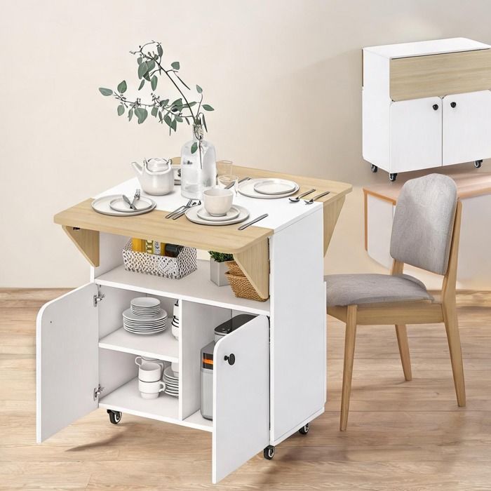 Table gain de place extensible 4 personnes panneaux de particules blanc 3 configurations roulettes et rangements intégrés