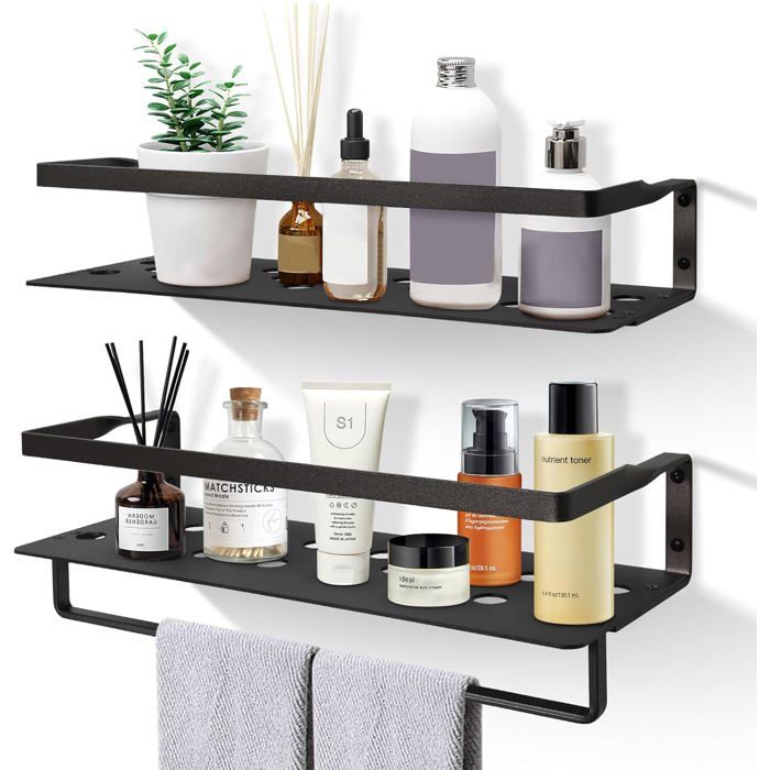Lot de 2 étagères murales à épices en aluminium - porte-serviettes intégré gris-noir pour cuisine et salle de bain