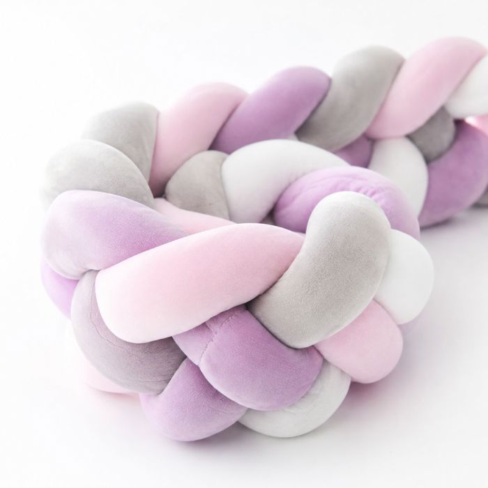 Tour de lit bébé tressé – Protection anti-choc douce et sûre - Tricot main – Pour berceau – 2M Gris Blanc Rose Violet