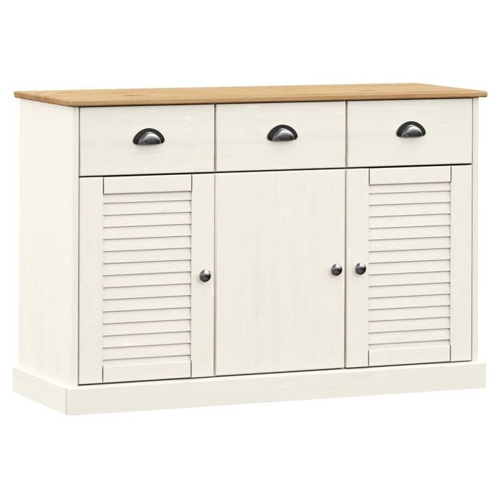 NOUVEAU Placard de rangement - Buffet de Cuisine - Armoire Bas vitrine - avec tiroirs VIGO 113x40x75cm - blanc - Bois massif de pin
