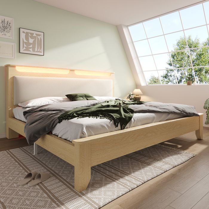 VIVA Lit en bois 140x200 avec tete de lit a rangement eclairage LED et dossier velours cotele chene clair