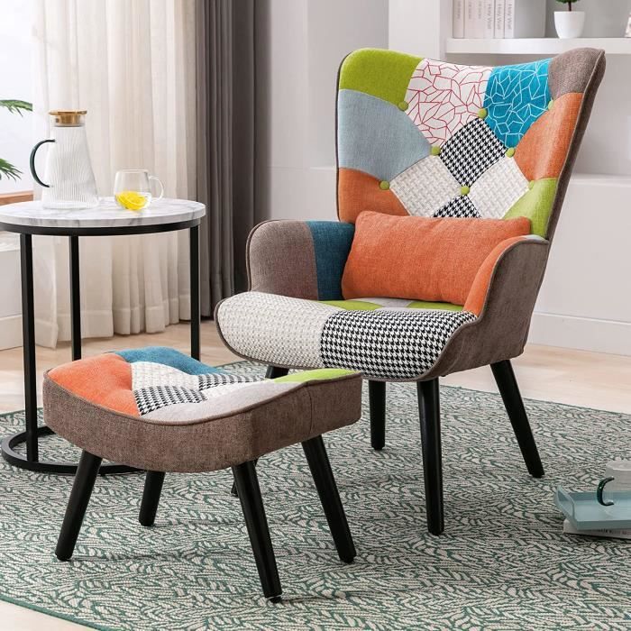 fauteuil salon patchwork avec repose pieds en tissu lin multicouleur, fauteuil scandinave en bois massif avec support lombaire,